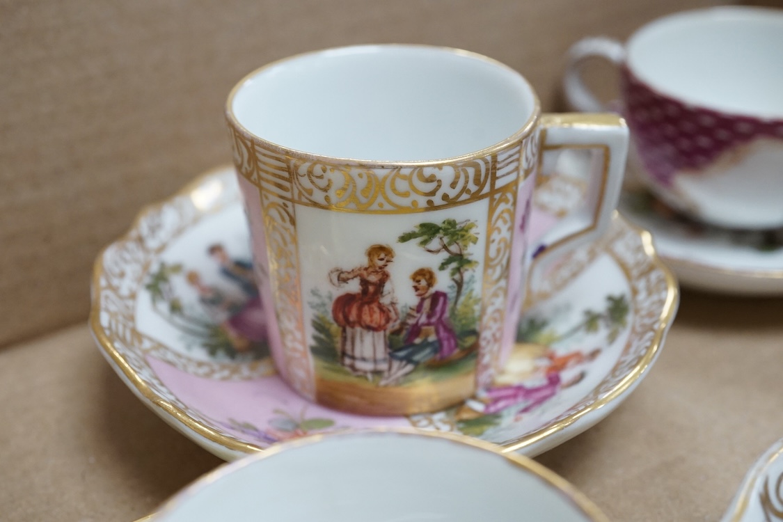 A group of 19th/20th century German porcelain, comprising a Nymphenburg pug, seven Dresden miniature cups and saucers and a Meissen bottle, largest 13cm high
